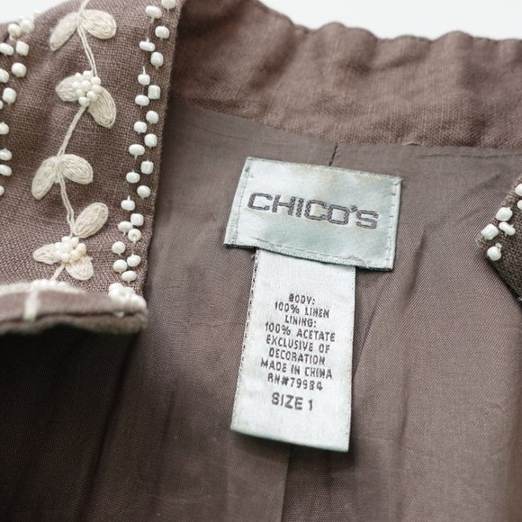 Chicos Jacket Size 1 Linen Blazer Floral Embroidered Casual Medium Boho Brown - Picture 2 of 8